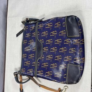 Vintage Dooney & Bourke Blue Leather Trim Crossbody Bag‎ Gold Letters